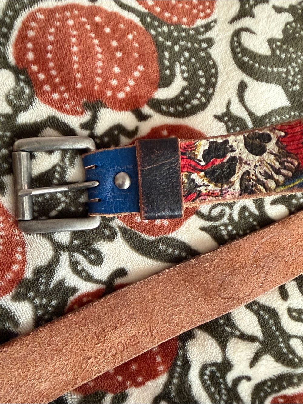 Ed Hardy Blue Leather Belt with Pink-Red Script Logo